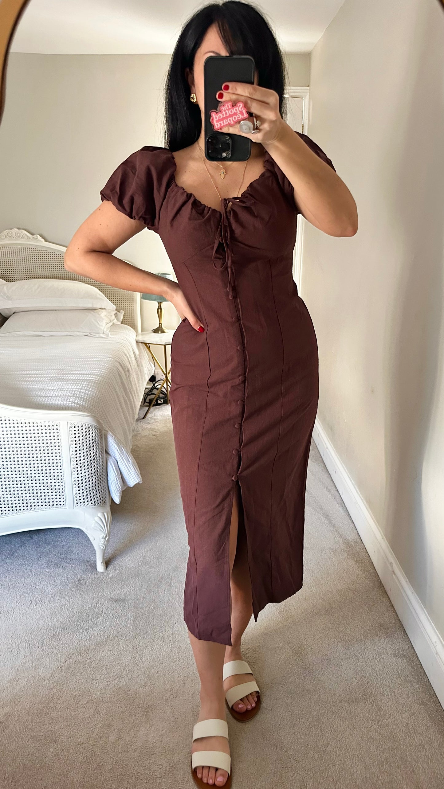 Nobody’s Child brown linen blend button up midi dress small UK 10 new bnwt