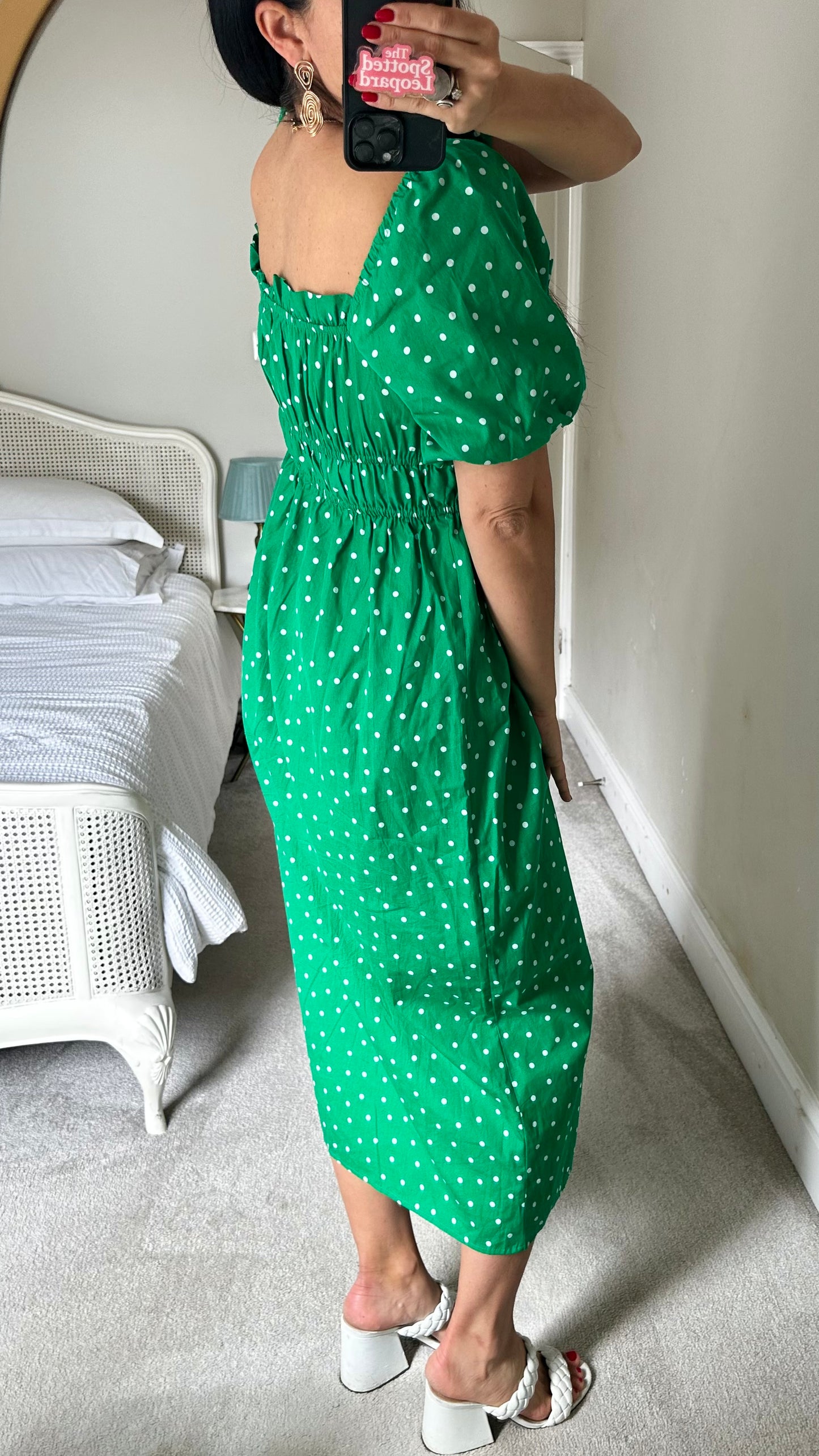 Nobody’s Child bright green white polka dot midi dress medium UK 14 vgc
