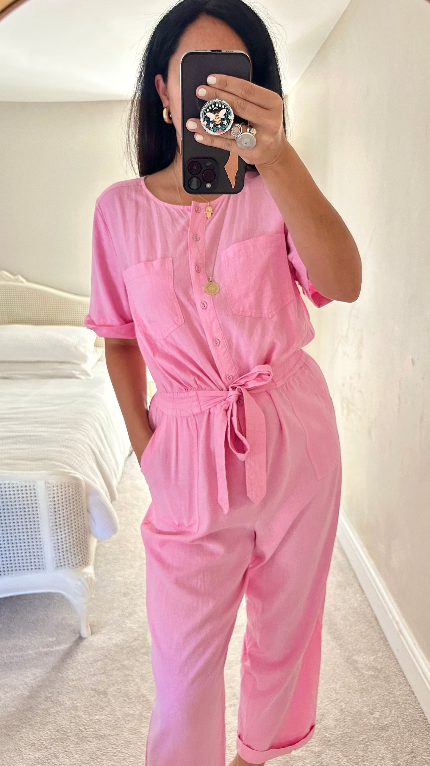 Oliver bonas rose pink linen blend boiler suit jumpsuit small large UK 8 12 vgc