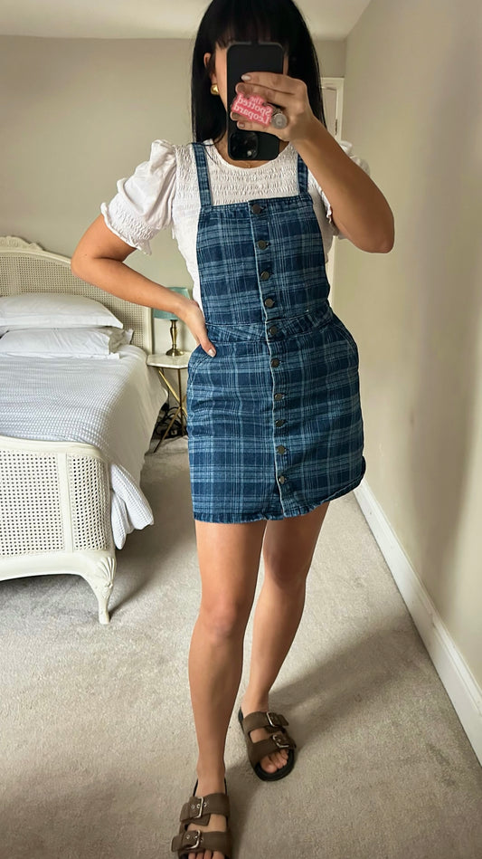 ASOS casual gingham check denim dungaree dress UK 12 vgc