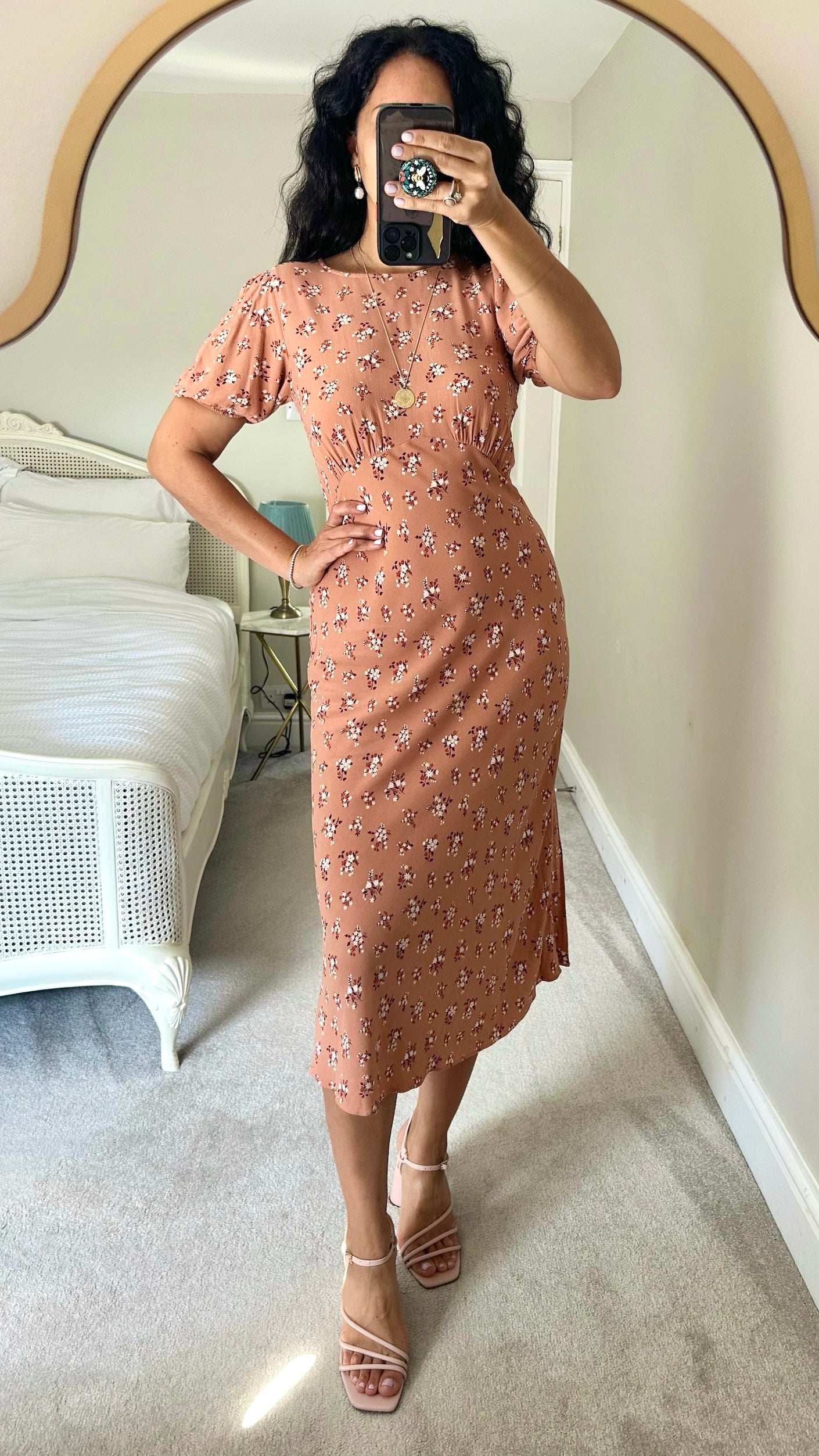 Reformation tan brown beige rose pink floral midi dress wedding guest small S UK 8 10 vgc