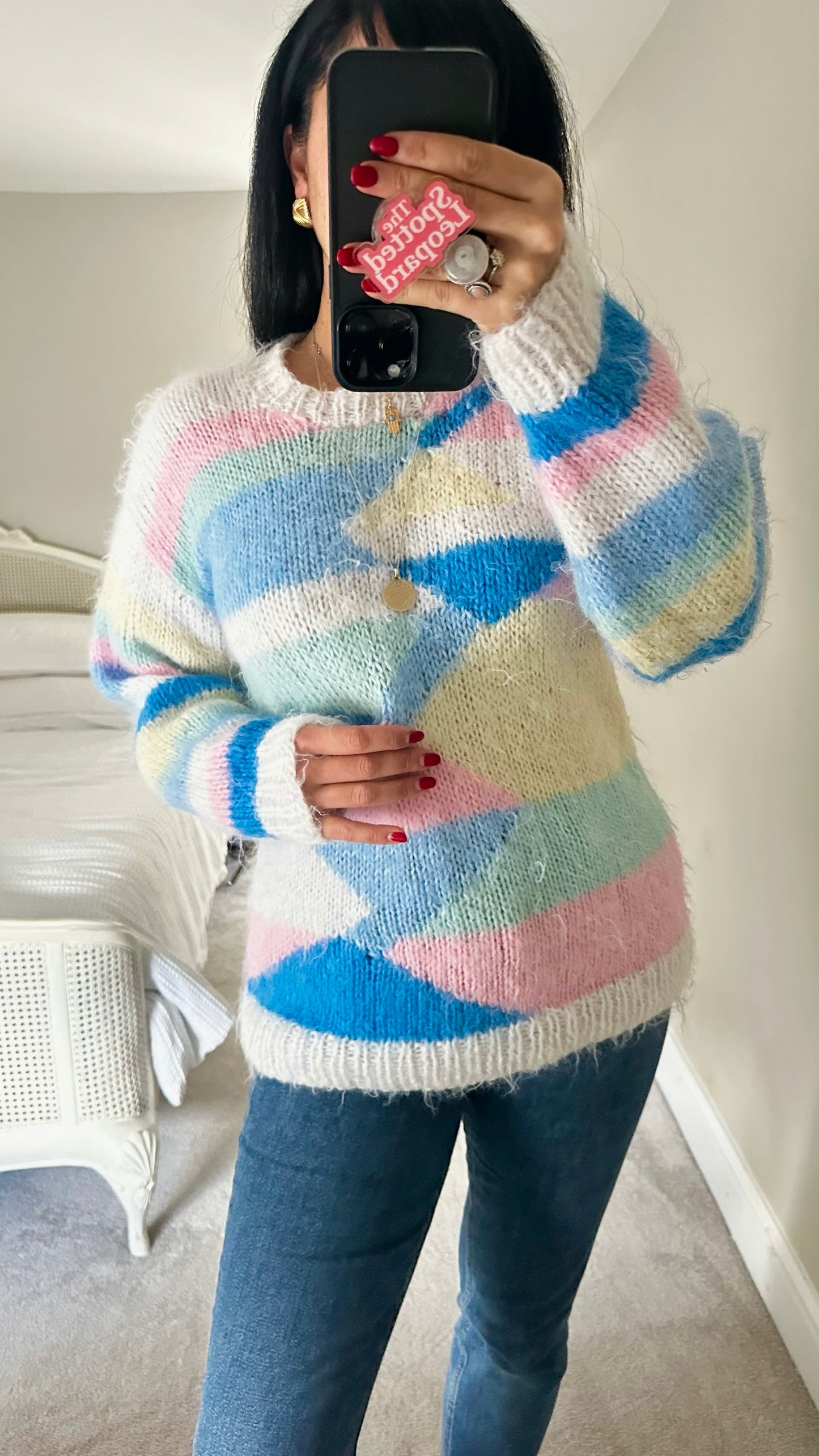 Vintage blue white pink abstract wool blend knitted jumper UK 10-12 vgc XMS25