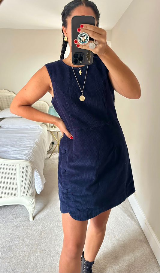 Nobody’s Child navy blue corduroy mini casual autumn dress extra large UK 14 vgc w25