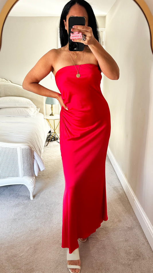 Forever New red coral pink strapless midi long dress wedding guest medium UK 14 vgc