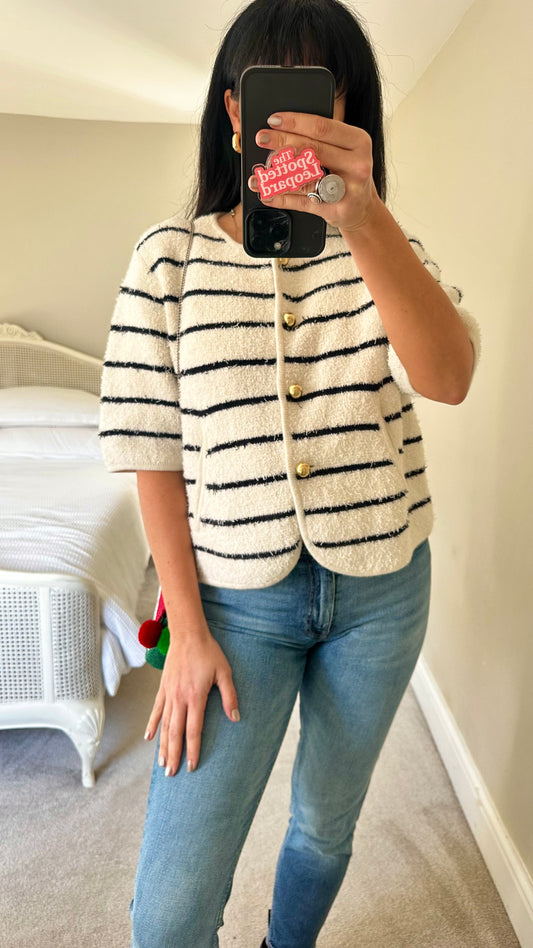 & other stories white cream black stripe chunky cardigan large UK 12-14 vgc