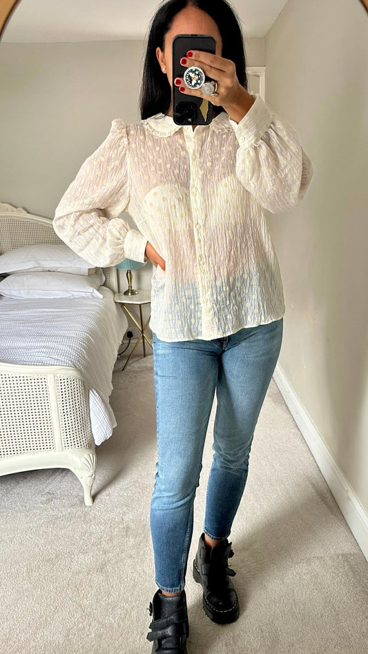 Oliver bonas white cream crinkle shimmer shirt extra large UK 14 vgc w25