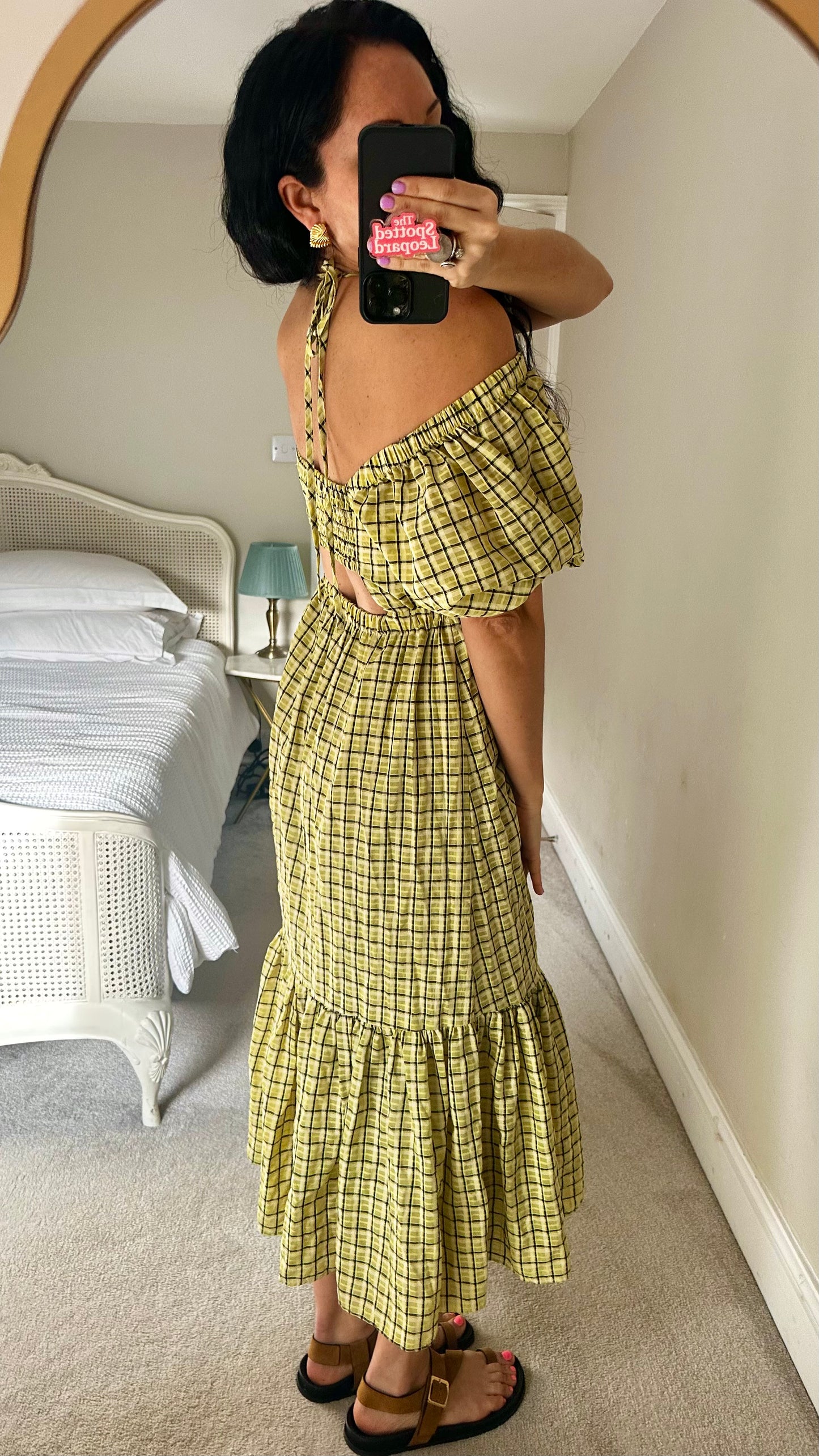 Topshop acid yellow green gingham check long midi dress medium UK 14 vgc