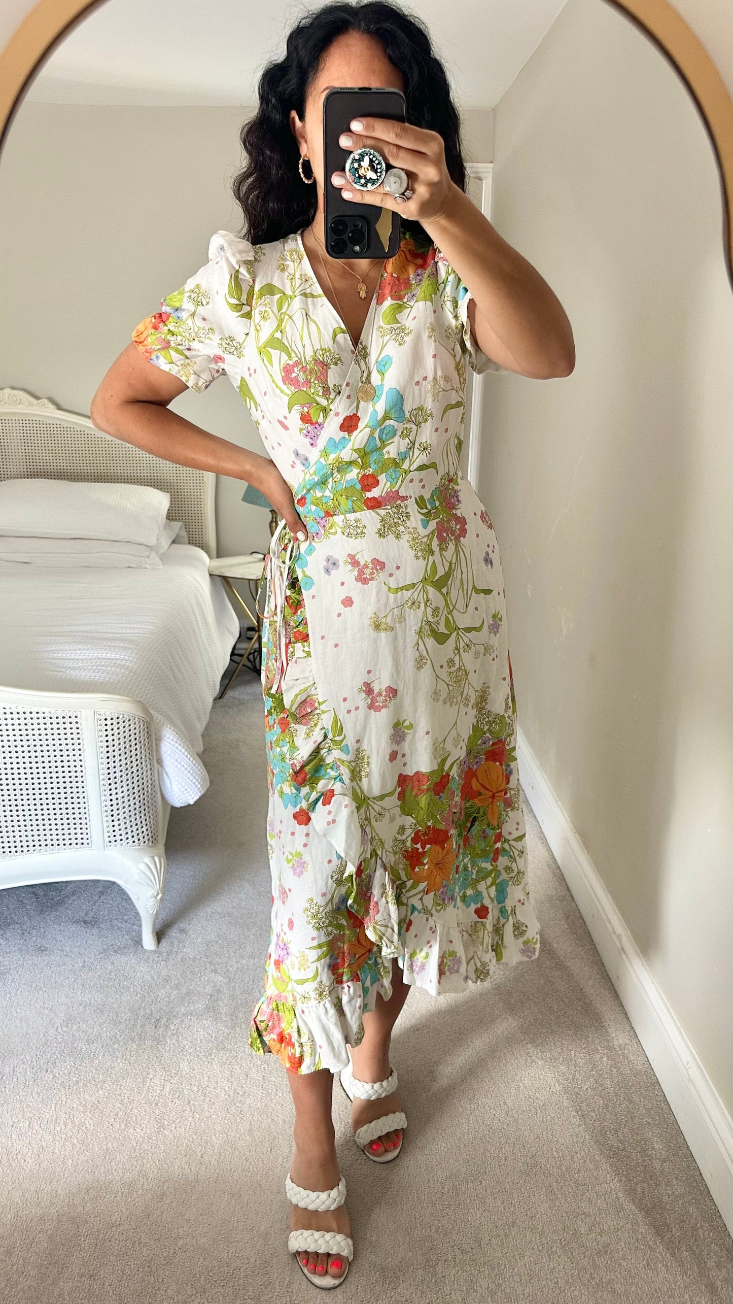 & other stories white orange green garden print wrap linen dress medium UK 12 vgc