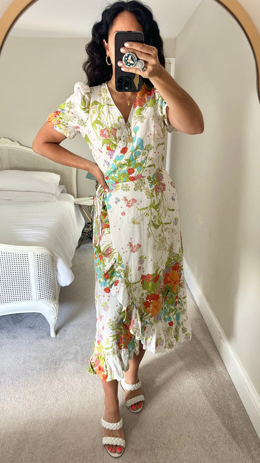 & other stories white orange green garden print wrap linen dress medium UK 12 vgc