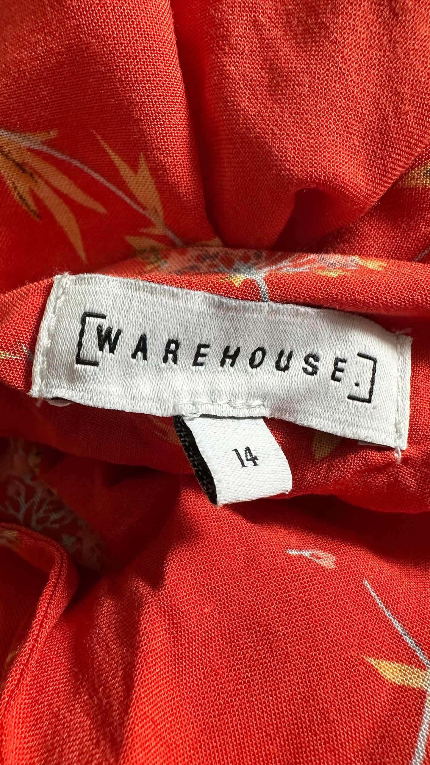 Warehouse orange red floral cut out back midi side split dress extra large UK 14 vgc