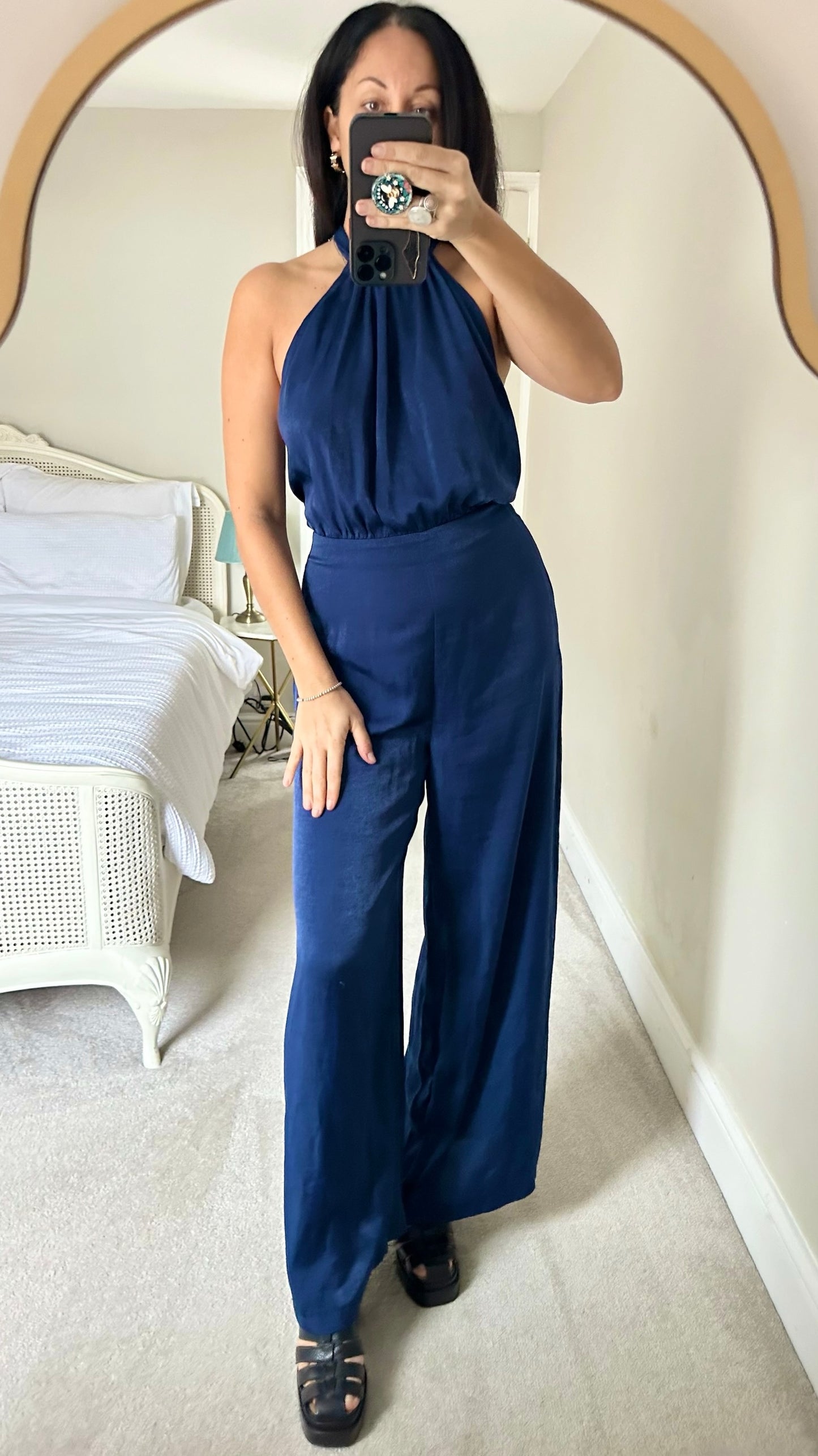 Zara navy blue backless wide leg satin feel jumpsuit party medium M UK 10 vgc