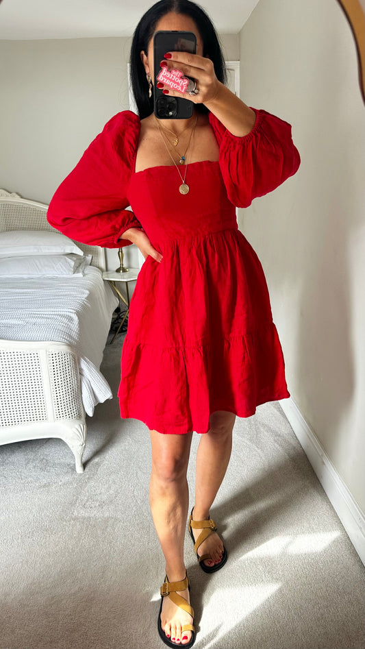 & other stories red cotton tiered mini dress medium UK 12 vgc