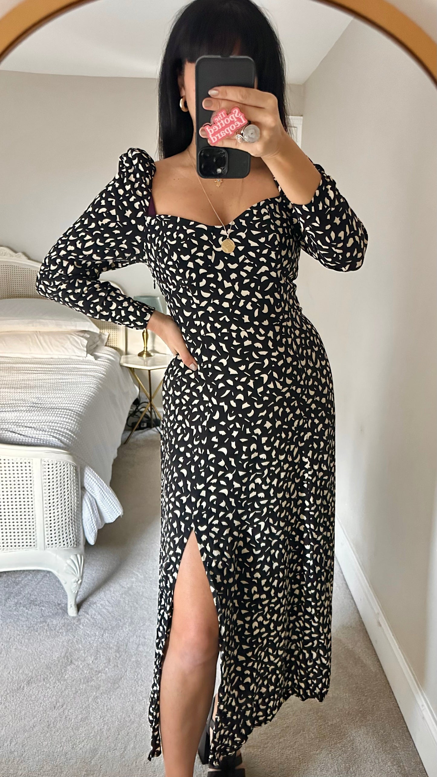 & other stories black cream abstract side split squiggle midi event dress small UK 8 vgc