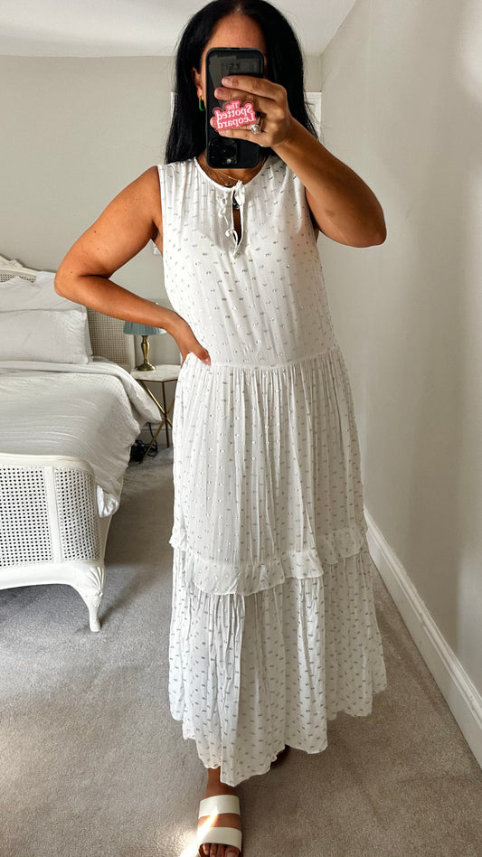 Oliver Bonas white silver polka midi long dress medium UK 12-14 vgc holiday
