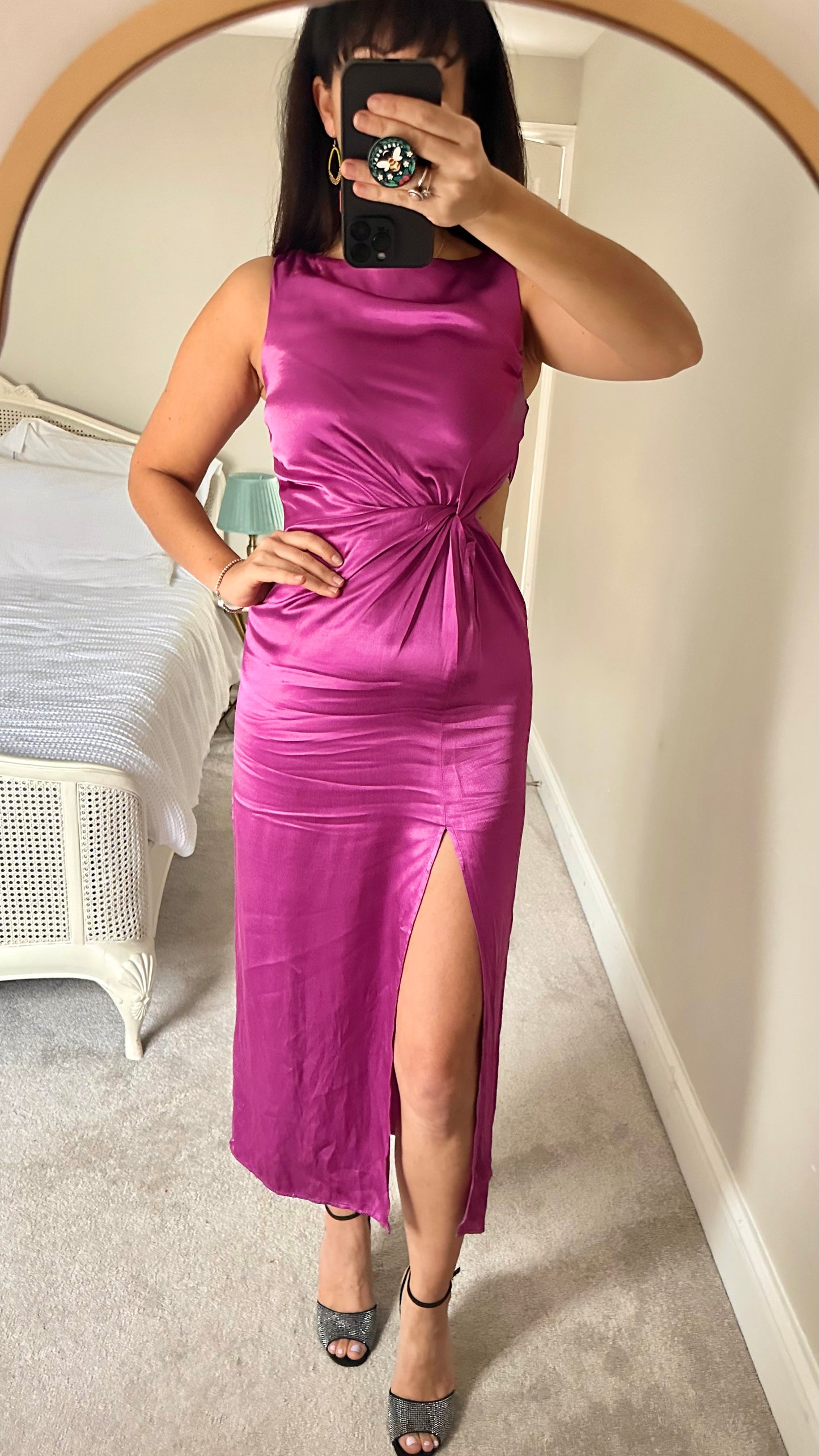 Zara berry pink purple satin feel side split midi dress party event extra large UK 14 vgc