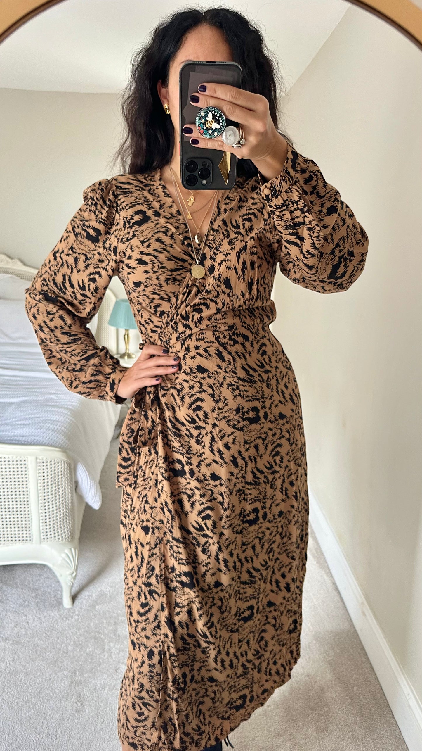 YAS beige brown black animal print wrap dress midi large UK 12 vgc