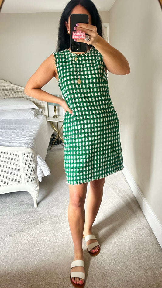 LK Bennett Green white check gingham mid length dress medium UK 12 vgc