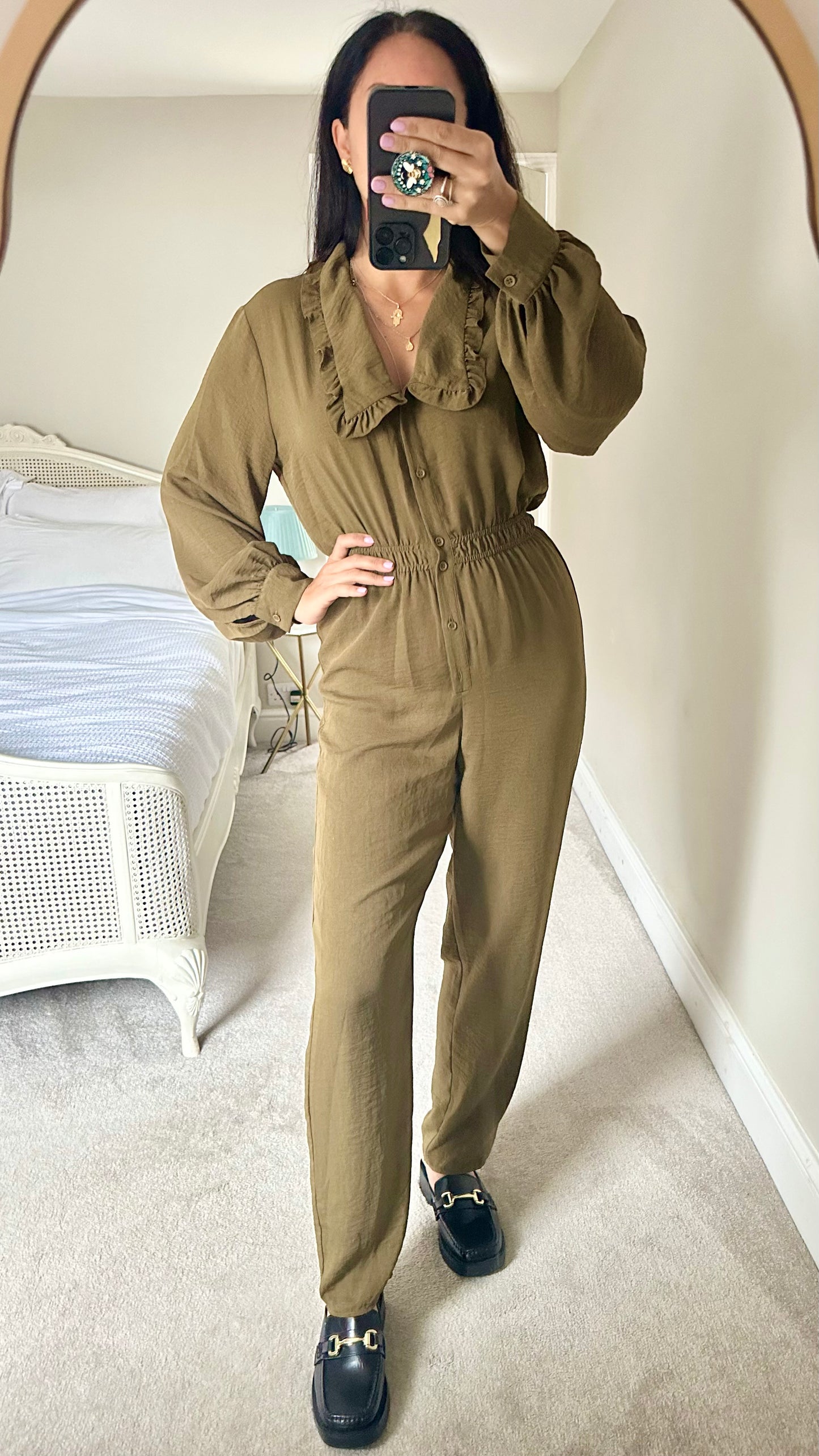 Warehouse olive green khaki jumpsuit trousersuit medium large UK 12 vgc