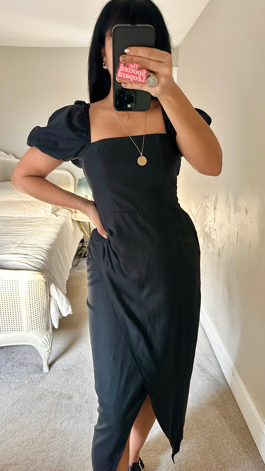 & other stories black linen cotton blend faux wrap midi dress small UK 10 14 vgc