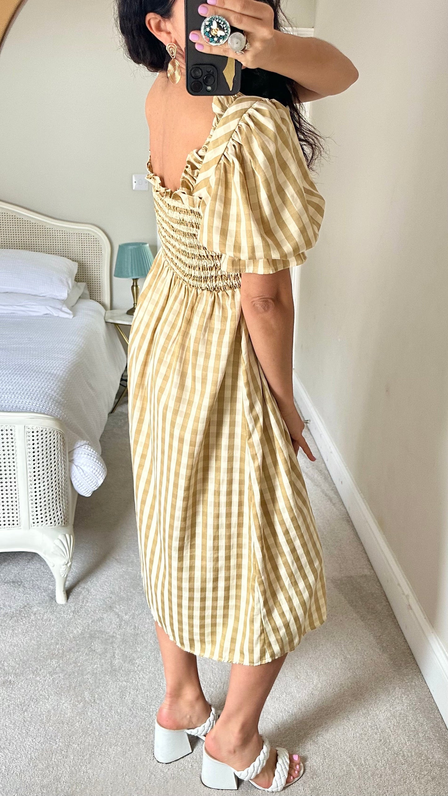 Warehouse cream taupe beige gingham check midi long dress small UK 10