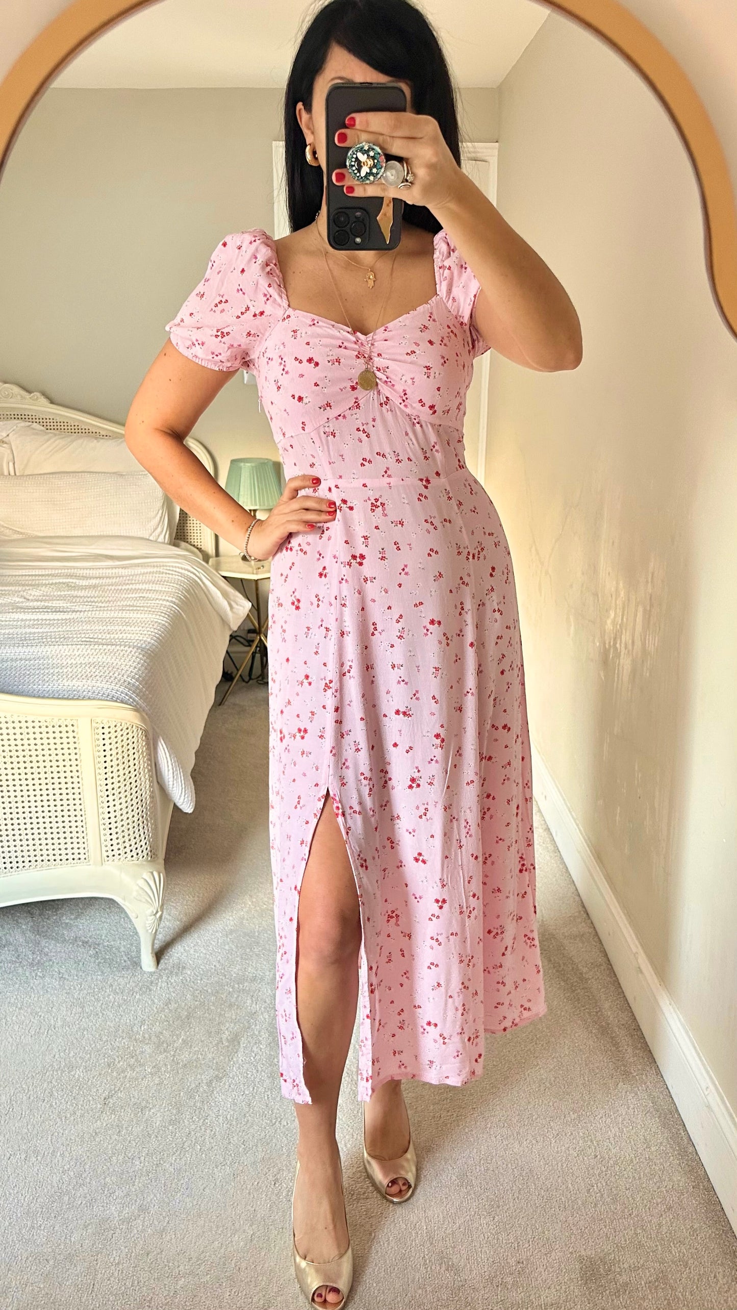 & other stories light pink red floral side split midi wedding guest dress new UK 6 12-14