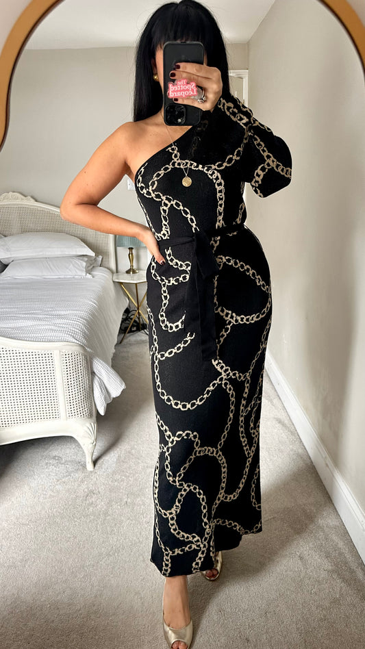 KITRI black gold chain knitted one shoulder gala party dress long small medium UK 10-12 new bnwt