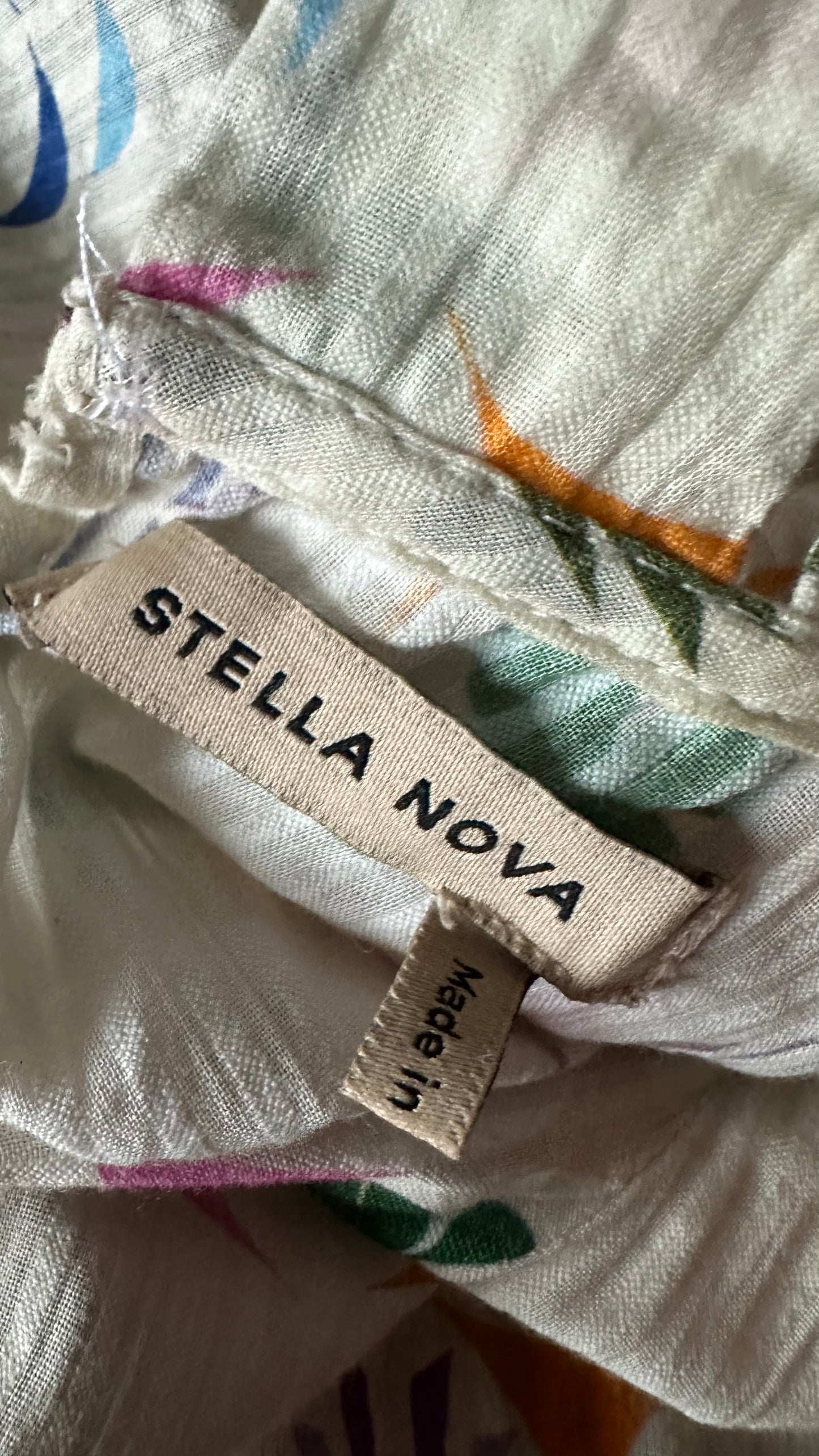 Stella Nova cream green pink clover print scalloped midi long holiday event dress small UK 8 vgc cotton