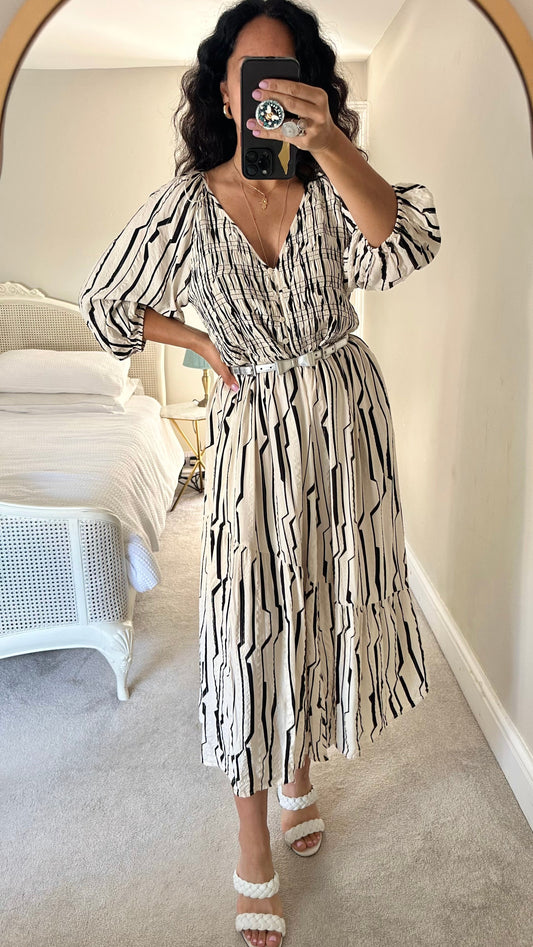 Oliver Bonas black cream stripe patterned midi long dress small medium UK 10 14 vgc