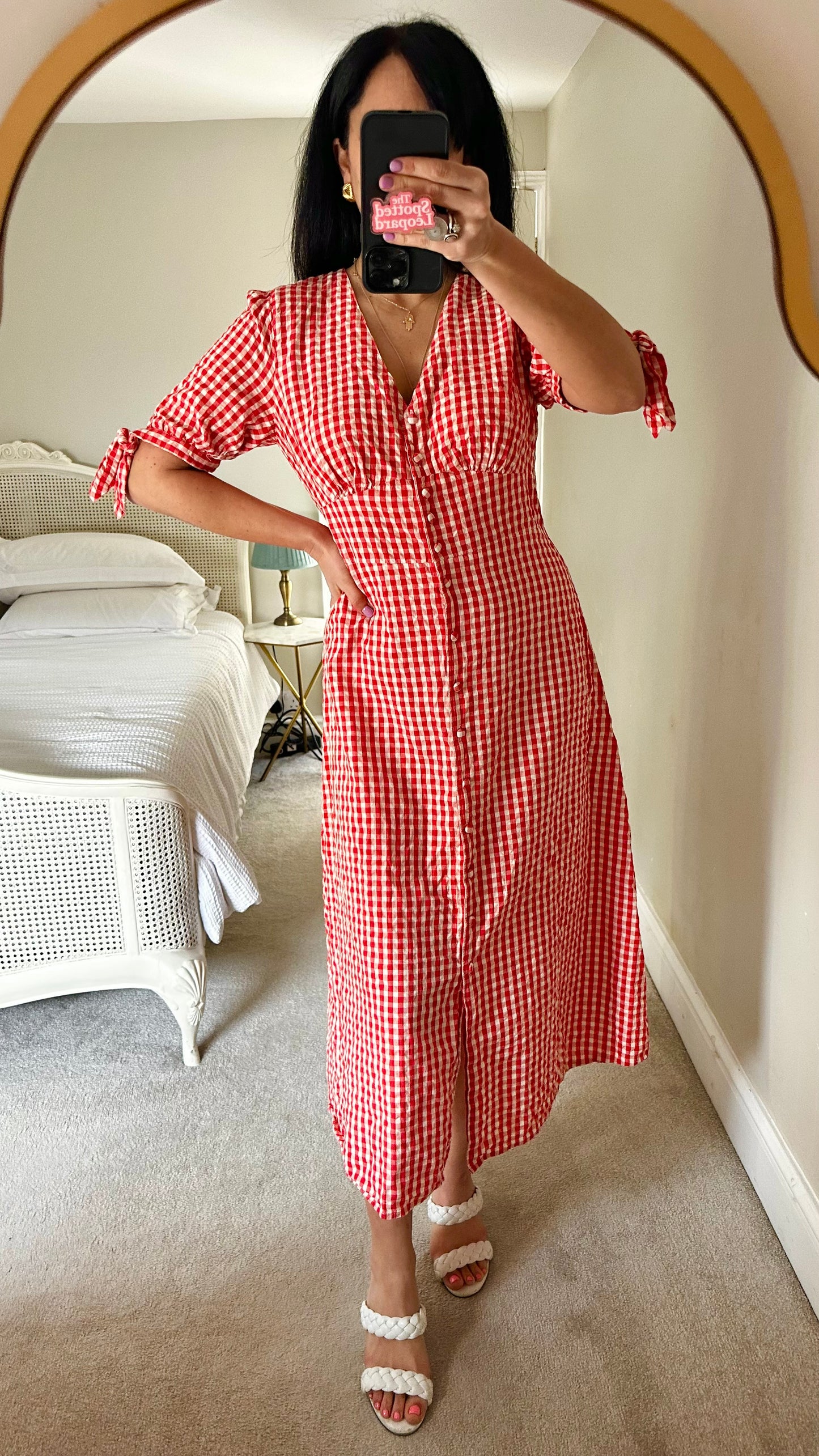Nobody’s Child Red cream gingham check button up midi long dress medium UK 14 vgc