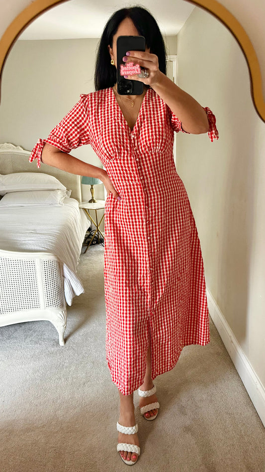 Nobody’s Child Red cream gingham check button up midi long dress medium UK 14 vgc