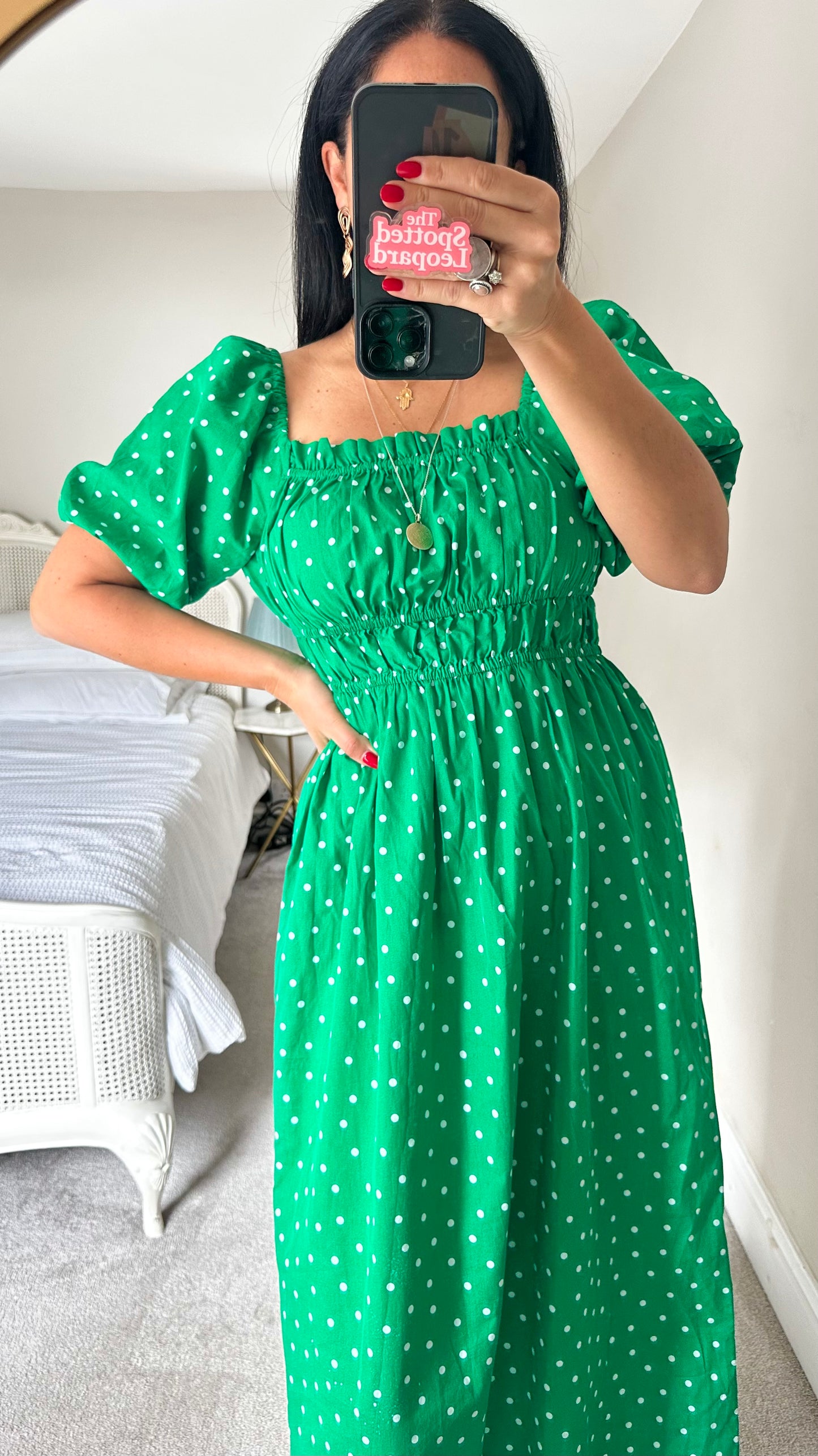 Nobody’s Child bright green white polka dot midi dress medium UK 14 vgc