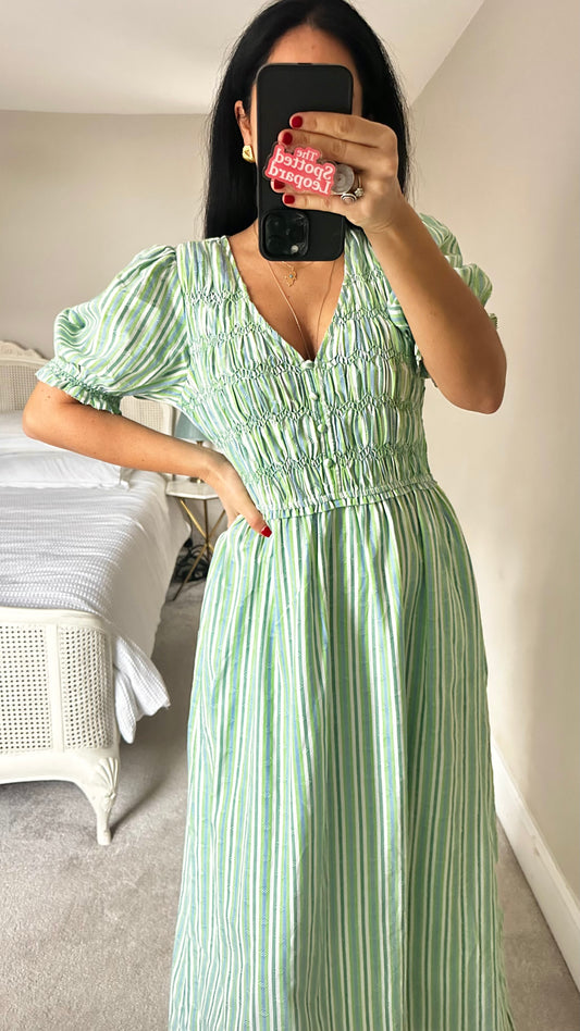 Oliver Bonas green blue white stripe cotton holiday maxi dress small UK 10 vgc