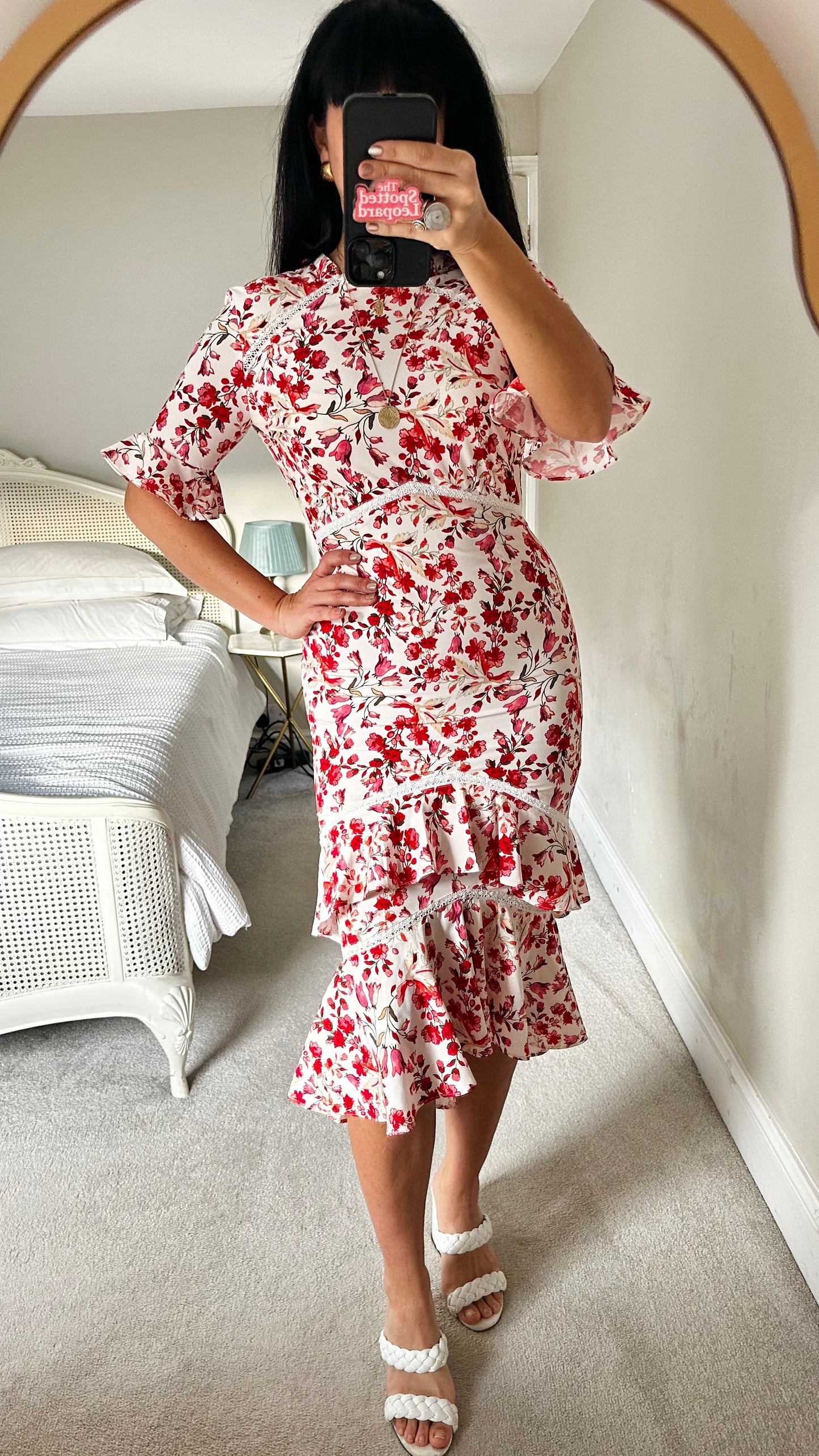 Hope & Ivy red cream floral tiered wedding guest dress small UK 8 vgc