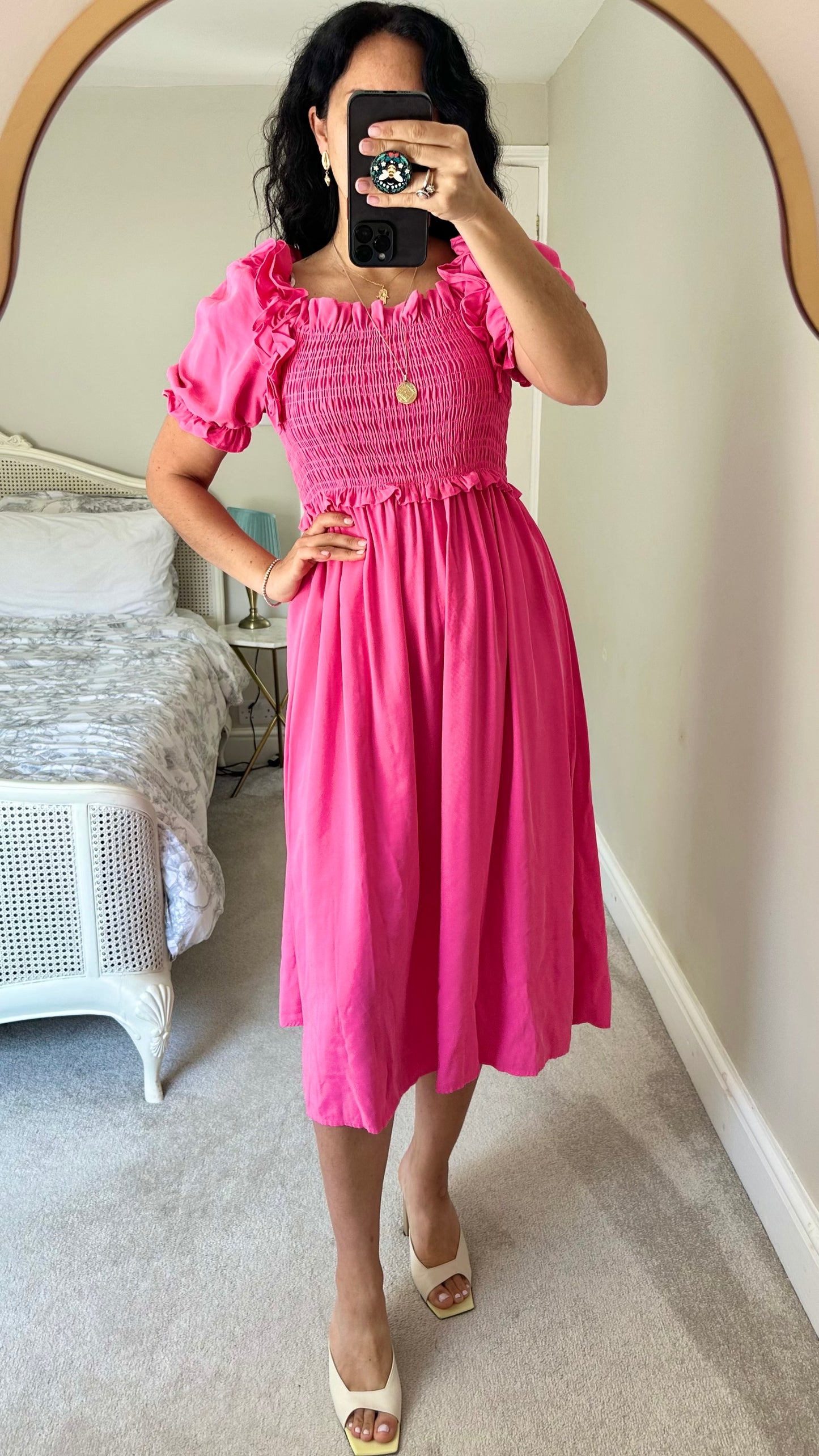 YAS fuschia pink rusched midi dress long wedding guest large UK 12-14 vgc