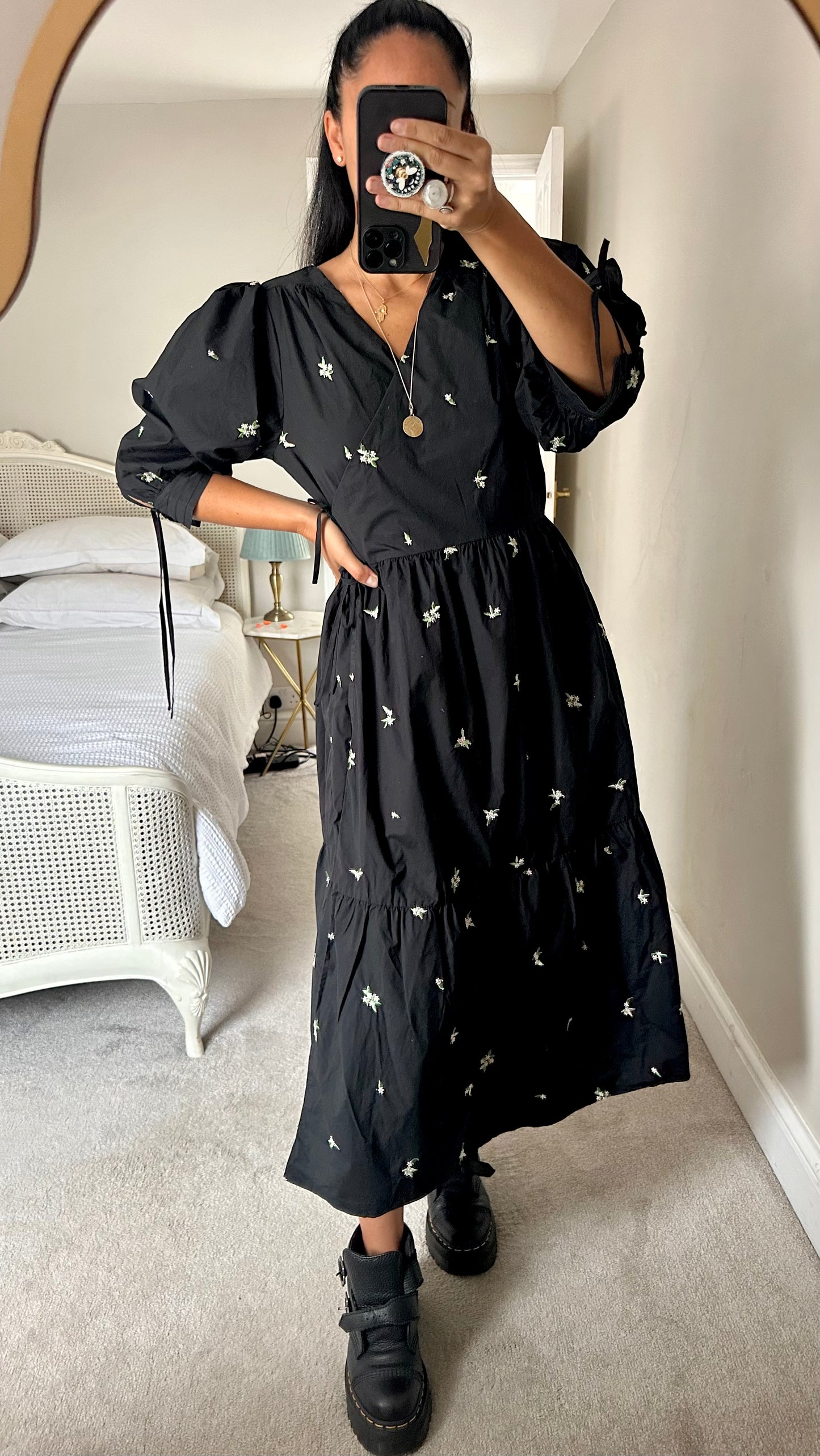Oliver Bonas black wrap midi long dress large UK 12 vgc cotton w25