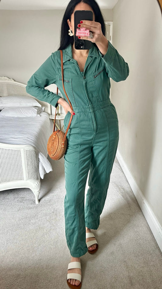 Oliver bonas green denim jean boiler suit jumpsuit small UK 8 vgc