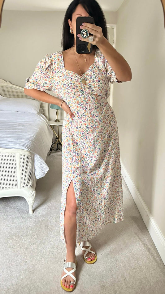 Nobody’s Child white cream pink floral midi long dress medium UK 12 vgc