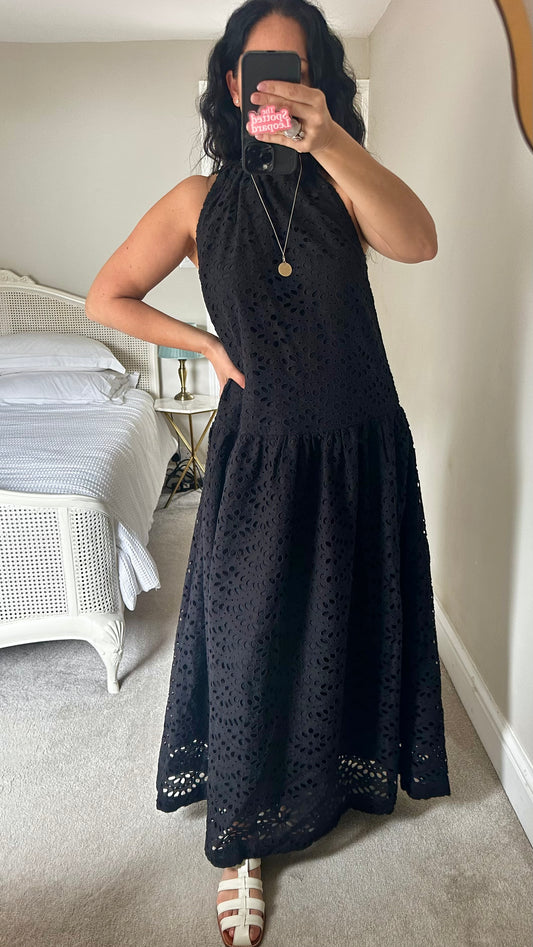 Warehouse black cotton maxi long holiday dress medium UK 12 vgc