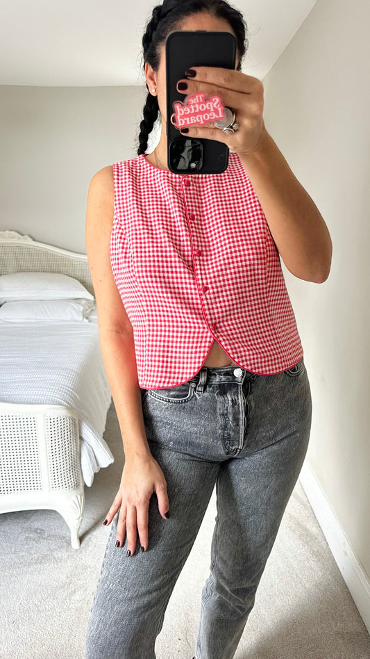 Oliver Bonas red white gingham check waistcoat top button up small medium UK 10 vgc