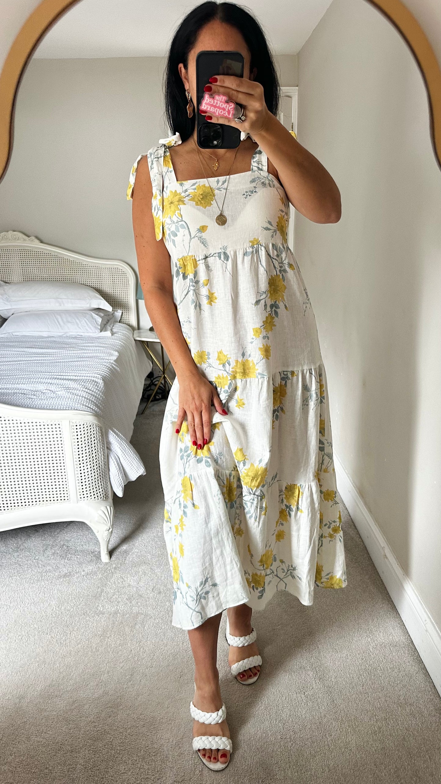 Feather & Bone @ Anthropologie white yellow tiered linen holiday dress medium UK 12-14 vgc