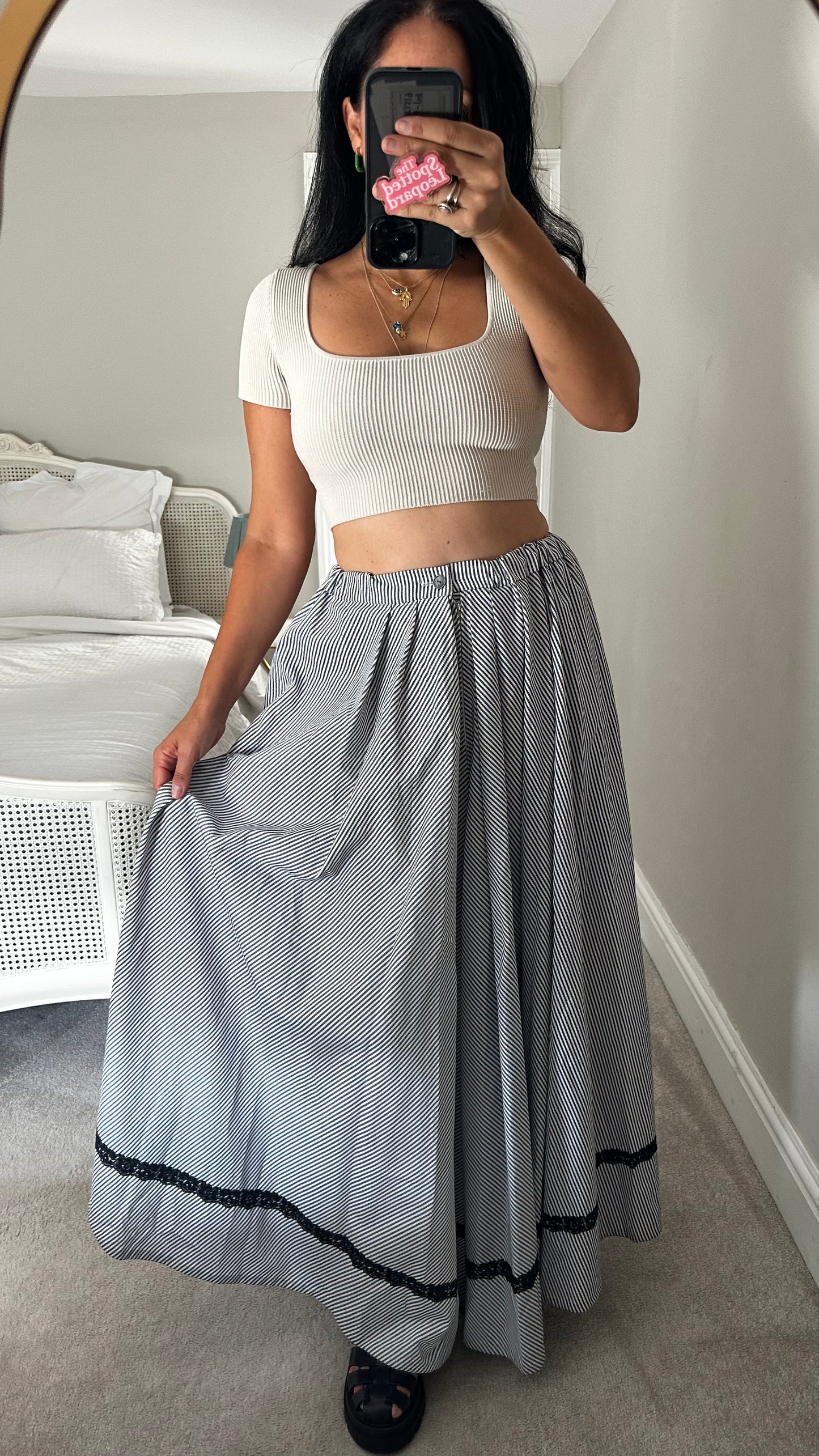 Handmade white navy black stripe maxi long skirt medium UK 12 vgc