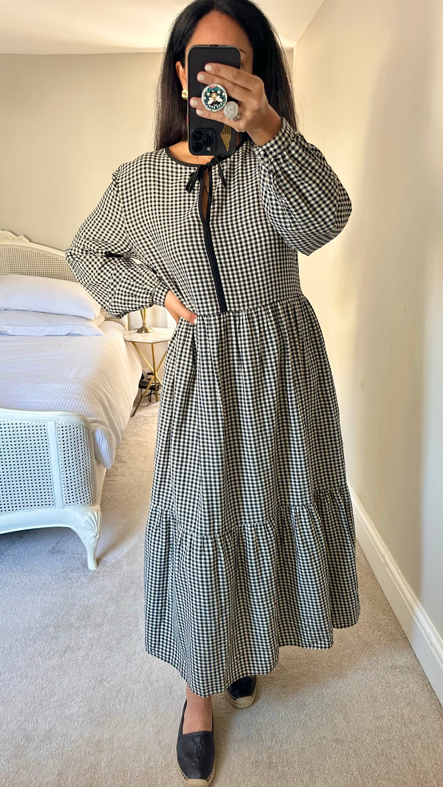 Albaray black white check gingham long tiered maxi dress extra large cotton UK 14 vgc