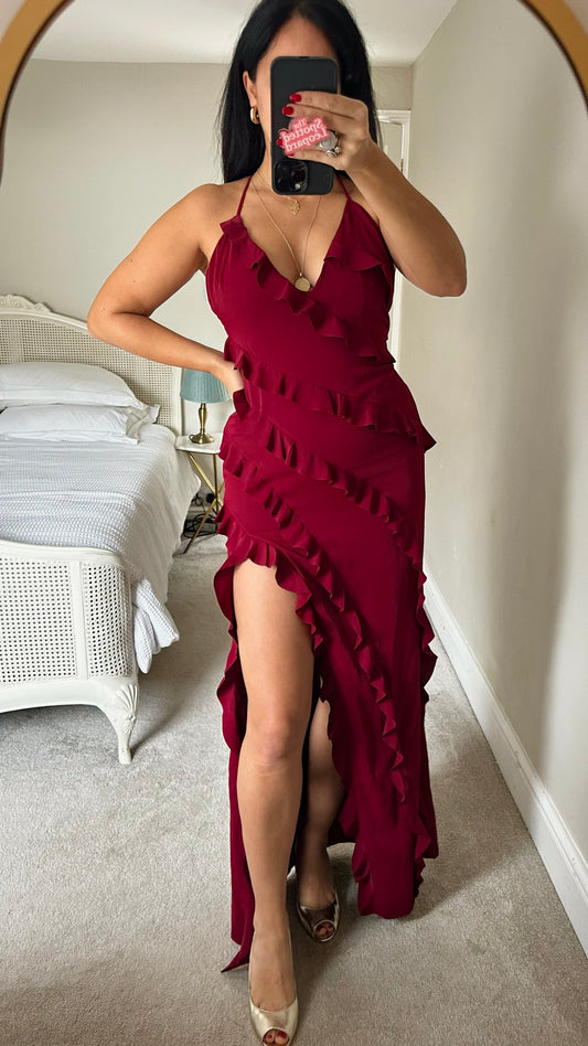 Club L burgundy ruffle v neck side split maxi event dress medium UK 10 vgc XMS25