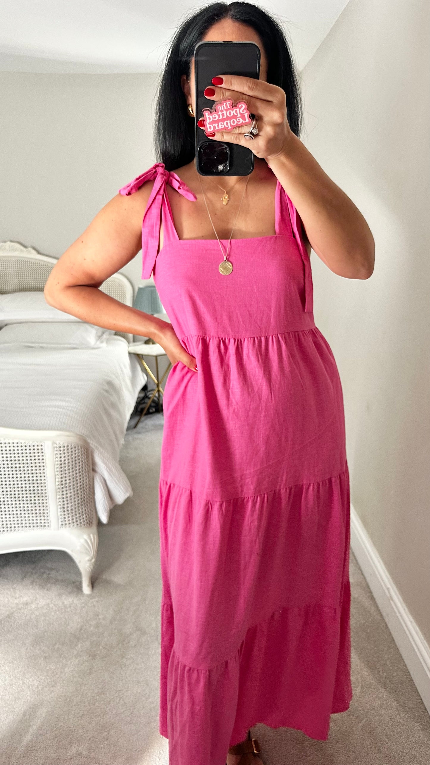 Feather & Bone @ Anthropologie fuschia pink tiered linen blend maxi long holiday dress medium large UK 12 14 vgc