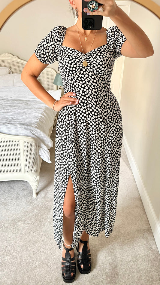 & other stories black white square print dress side split midi medium extra large UK 12 14