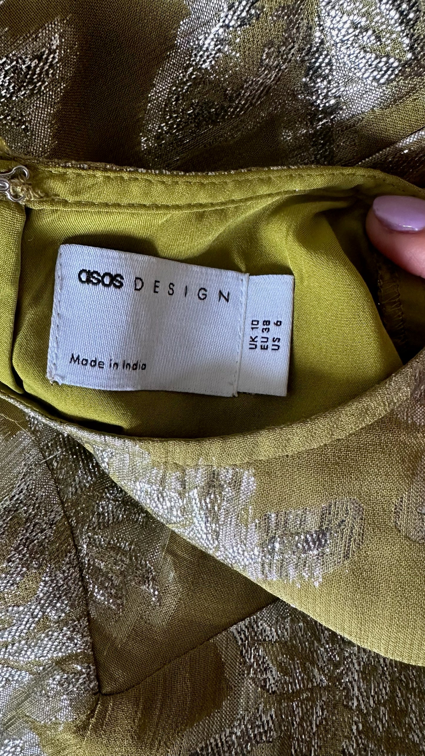 ASOS acid green yellow metallic silver wedding guest event dress small UK 10 vgc