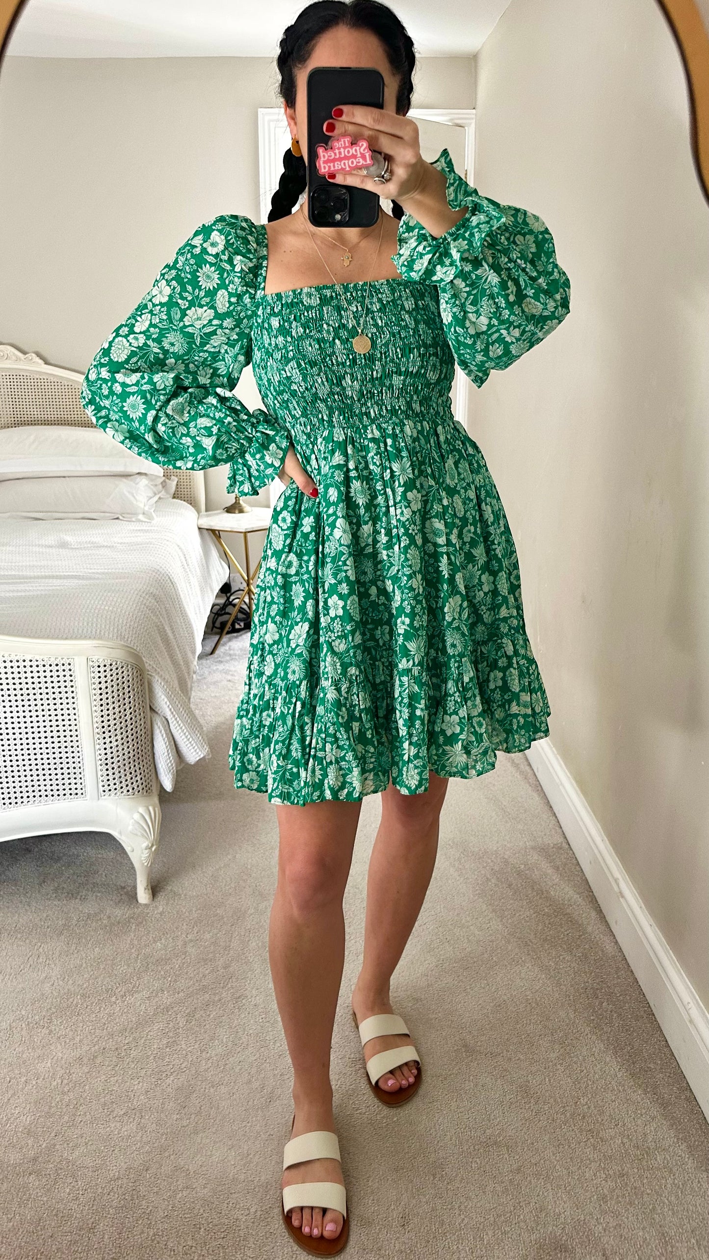 & other stories green white floral shirred bust dress small UK 10 mini holiday vgc