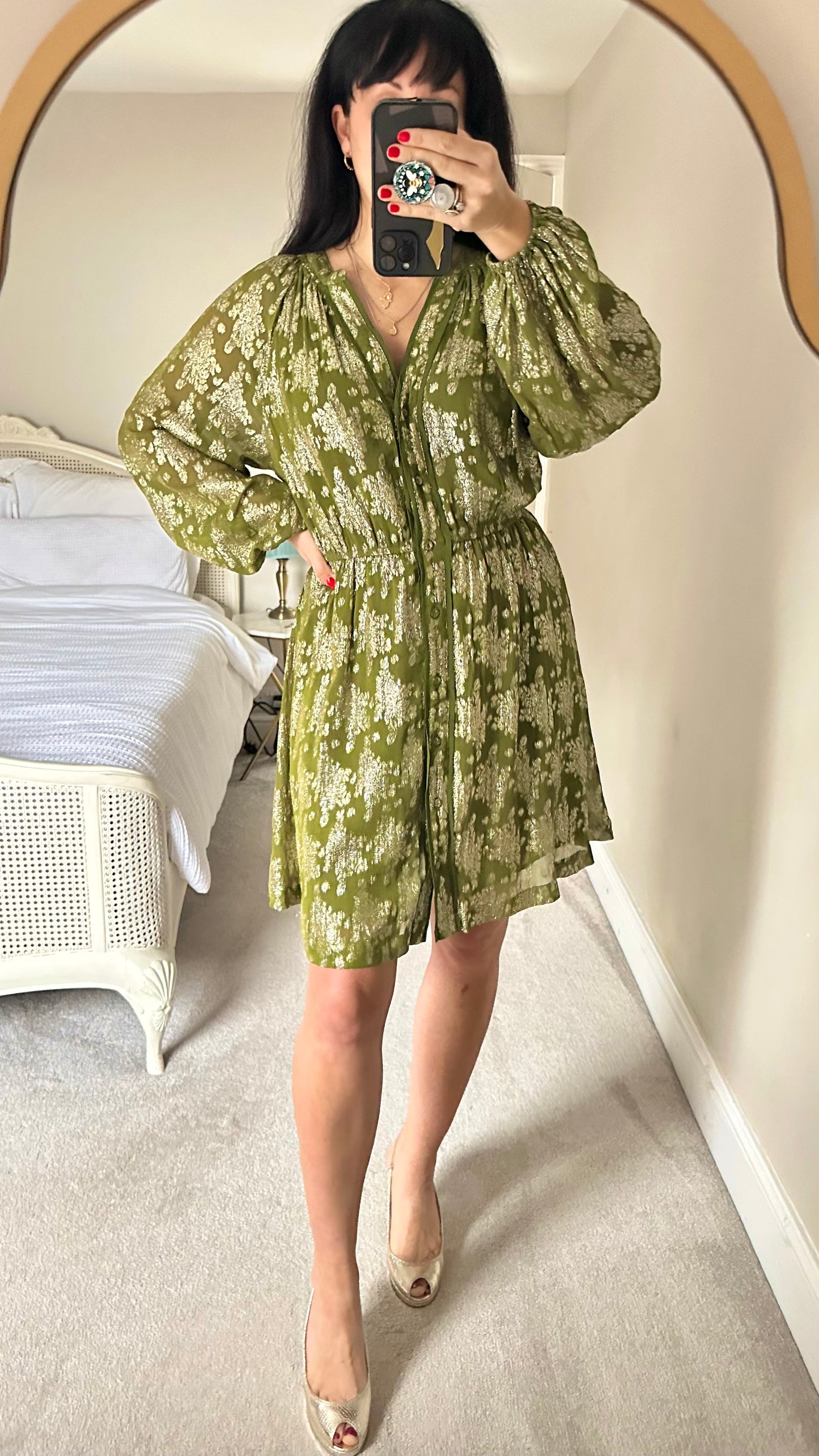 Oliver Bonas khaki green gold floral button up mid length dress large UK 12 14 vgc