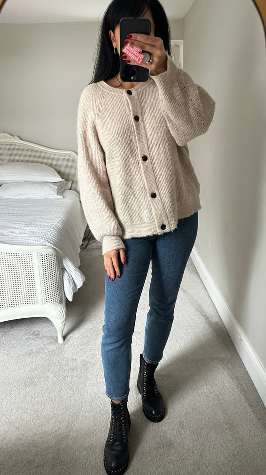 Selected femme @ Anthropologie beige cream oatmeal alpaca wool blend knitted cardigan extra large UK 14 vgc