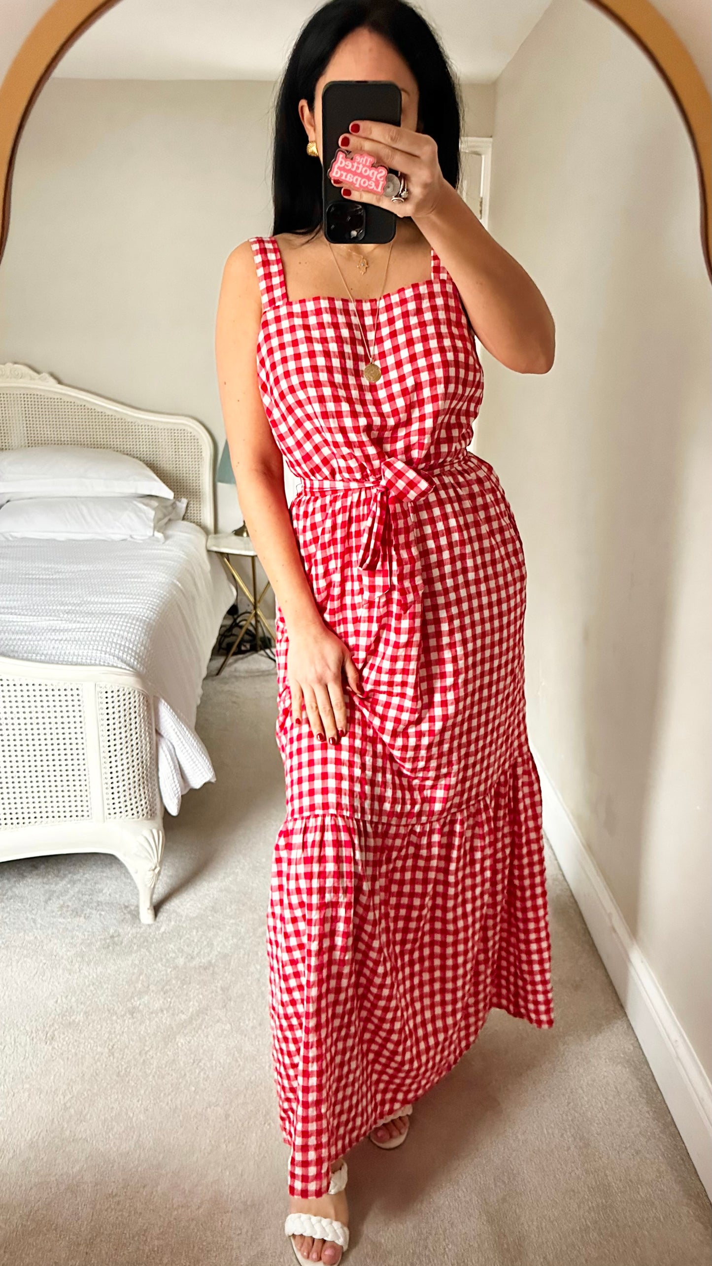 Phase Eight red white gingham check maxi long dress medium UK 14 vgc